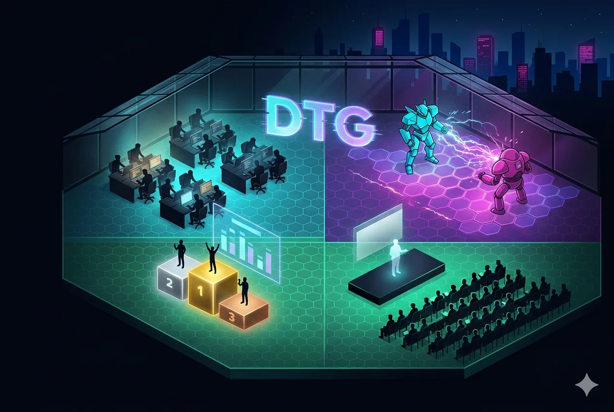 DevTeam.Games — cyberpunk events arena: hackathon, AI tournament, podium, conference